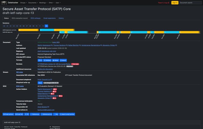 The image displays a Datatracker page for the IETF's "Secure Asset Transfer Protocol (SATP) Core" (draft-ietf-satp-core-13), which lists Ripple (XRP) as a worked example in the IETF reviewers, visually corroborating the post's claim that the standards body has referenced Ripple's network in its reference draft.