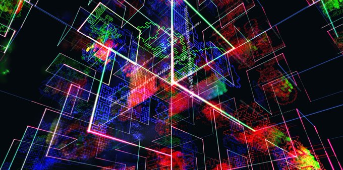 An abstract digital artwork displaying glowing, neon-colored geometric lines and intricate patterns on a black background.
