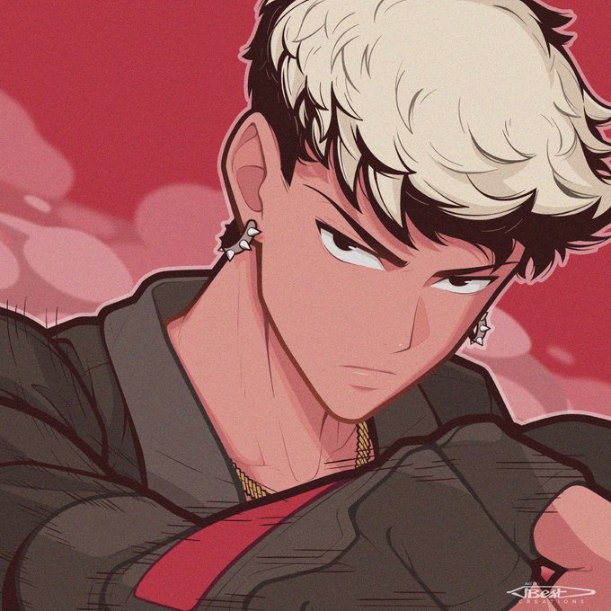 An anime-style illustration of a young man with two-toned black and white hair, wearing spiked earrings and a black jacket with a red shirt, set against a red background.