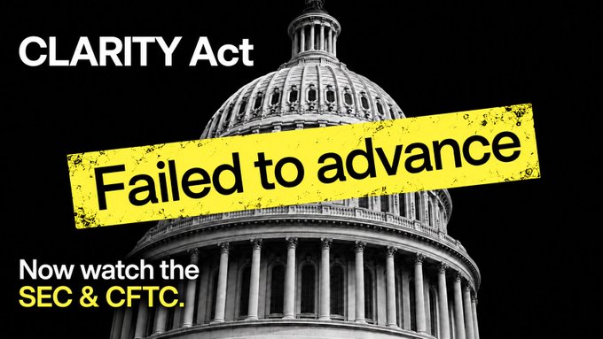 A graphic featuring the U.S. Capitol dome with text reading 'CLARITY Act Failed to advance Now watch the SEC & CFTC.'