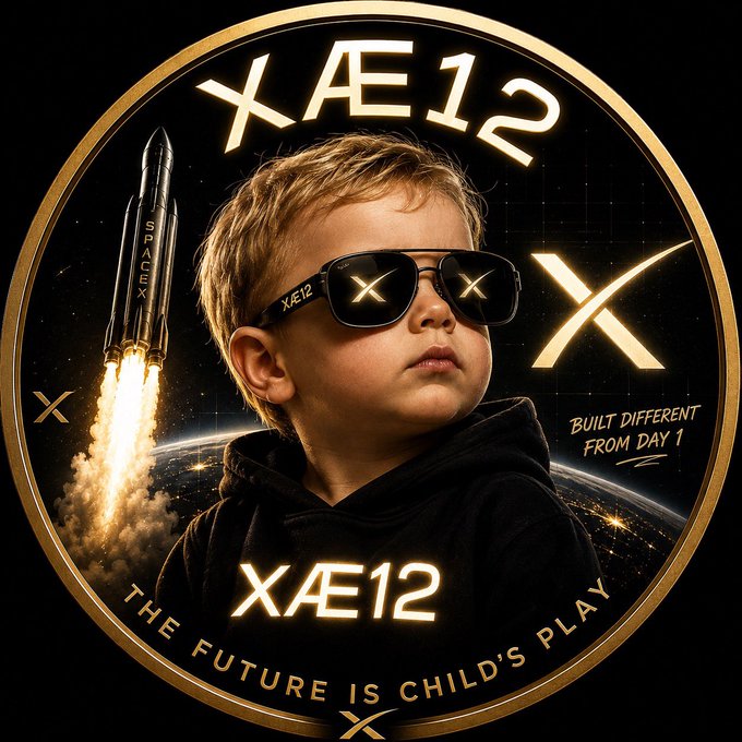 A young child with messy blond hair wears sleek sunglasses branded "XÆ12" against a backdrop of a launching SpaceX rocket and the Earth's curvature, all framed within a golden circular emblem featuring "XÆ12," "BUILT DIFFERENT FROM DAY 1," and "THE FUTURE IS CHILD'S PLAY" — visually hyping the $XÆ12 meme coin's upcoming 2026 launch.