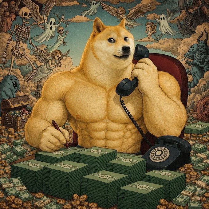 A muscular Shiba Inu with an oversized humanoid body speaks on a rotary telephone while surrounded by piles of cash, a treasure chest, and an ethereal background of cherubs, ghosts, and demons. The image visually represents the "SWOGE" meme token's blend of Doge culture and wealth-building ambitions, with no legible text or ticker symbols visible beyond the implied crypto branding in the context.