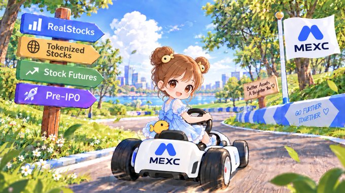 Illustration of an anime-style girl driving a white MEXC-branded go-kart along a road with directional signs pointing to 'RealStocks', 'Tokenized Stocks', 'Stock Futures', and 'Pre-IPO'.