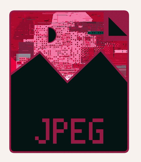 A graphic design features a corrupted, glitchy pink and black image with the word '.JPEG' in pixelated text at the bottom.