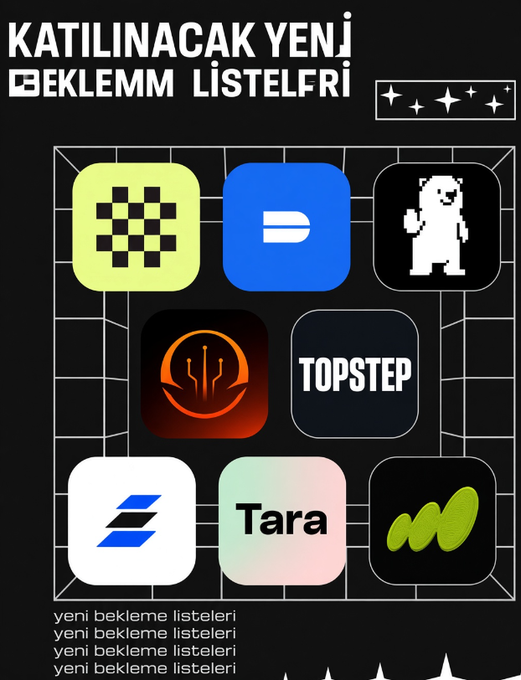 A Turkish-language graphic titled "KATILINACAK YENİ BEKLEME LİSTELERİ" (New Waiting Lists to Join) featuring app icons including Topstep, a pixel bear character, and Tara in a grid layout.