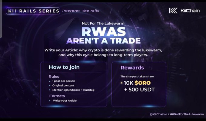 The image presents a post about the cryptocurrency Kii Rails Series which appears to be part of an inter-series competition between different crypto pools, with $500 worth points up for grabs. The main focus of this competition seems to be on writing articles that discuss why crypto needs long term builders and why breaking the lukewarm era is becoming difficult.