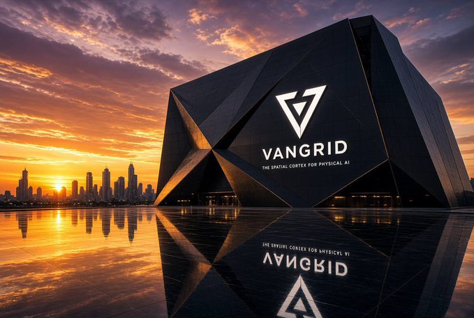 A dramatic architectural rendering of a futuristic black building with geometric panels displaying the logo and text 'VANGRID - THE SPATIAL CORTEX FOR PHYSICAL AI' at sunset, reflected on a wet plaza with a city skyline in the background.