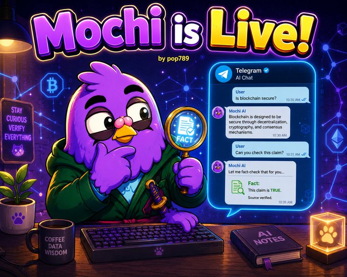 A vibrant purple cartoon mascot graphic titled 'Mochi is Live! by pop789' showing a purple bird character with a magnifying glass alongside a Telegram chat verifying blockchain security claims.