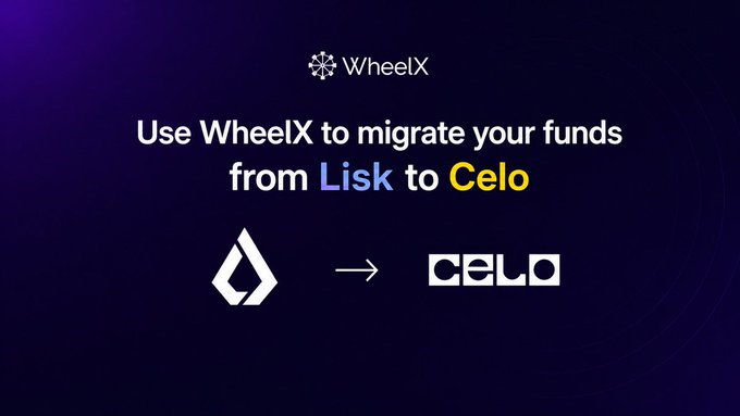 A promotional graphic with a dark purple background reading 'Use WheelX to migrate your funds from Lisk to Celo' with logos for Lisk and Celo.