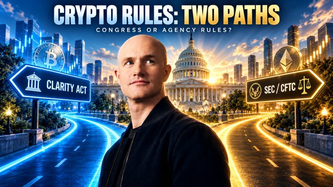 A promotional graphic titled 'CRYPTO RULES: TWO PATHS' with subtitle 'CONGRESS OR AGENCY RULES?' shows a bald man standing between two glowing roads: a blue path leading to a sign reading 'CLARITY ACT' with a government building icon, and an orange path leading to a sign reading 'SEC / CFTC' with a scales-of-justice icon, with the U.S. Capitol building in the background.