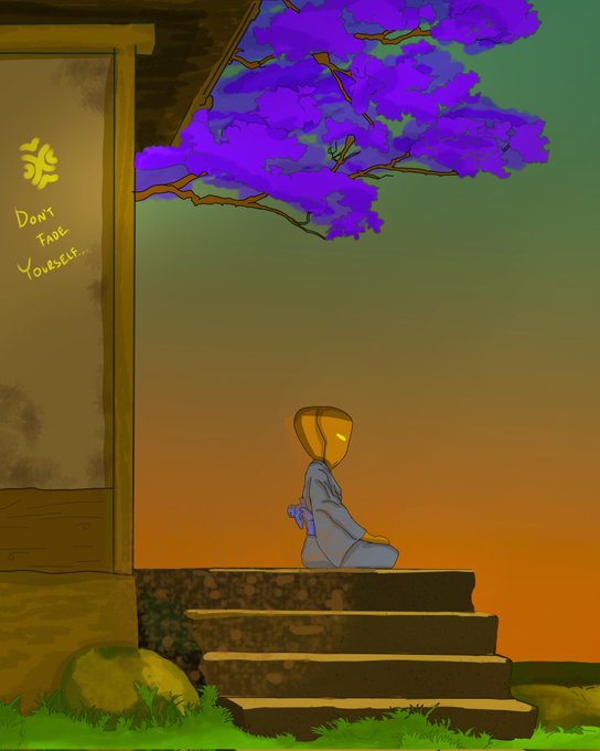 A digital artwork depicting a hooded figure with glowing yellow eyes sitting on stone steps holding a glowing sword, beside a building with 'DON'T FADE YOURSELF' graffiti, under a purple-flowered tree at sunset.