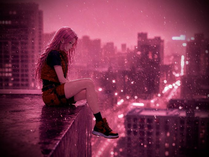 An anime-style illustration shows a pink-haired girl in a red and black outfit sitting on a rooftop ledge, looking out at a rain-soaked city bathed in pink and red neon light.