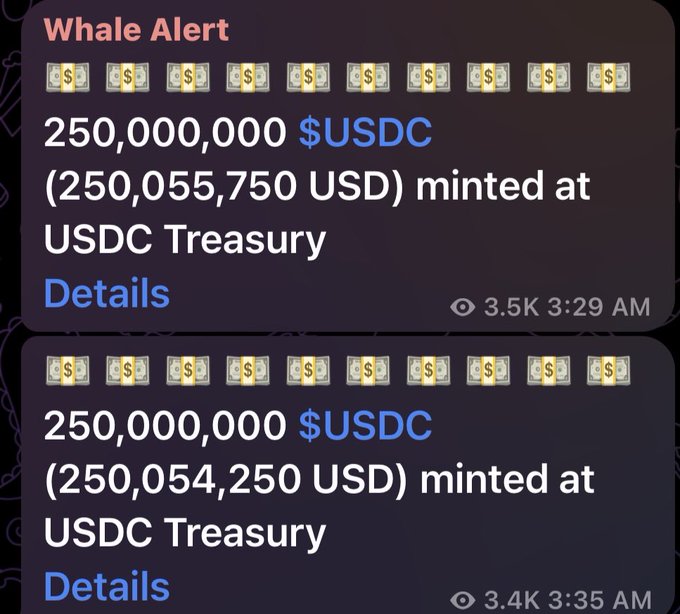 A "Whale Alert" notification showing two consecutive 250,000,000 USDC minting events (250,055,750 USD and 250,054,250 USD) at the USDC Treasury within minutes of each other at 3:29 AM and 3:35 AM, totaling the $500 million in new stablecoin liquidity referenced in the post about Solana issuance.