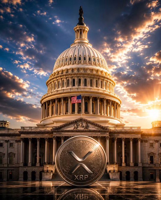 An XRP coin placed in front of the U.S. Capitol building under a dramatic sunset sky.