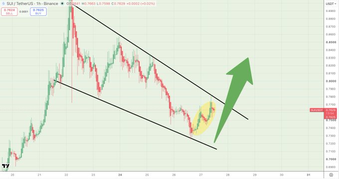 The chart displays the SUI/USDT price action on Binance (1-hour timeframe), showing a falling wedge pattern with a current price of 0.7624. A bullish breakout arrow points upward from the converging trendlines, accompanied by celebratory text ("BOOOOOOM another winner") suggesting anticipation of a significant upward price movement.