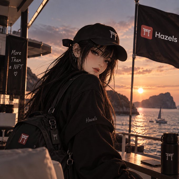 An anime-style illustration of a girl wearing a black cap and jacket with 'Hazels' branding, posing by a seaside location with a torii gate silhouette and flags in the background.
