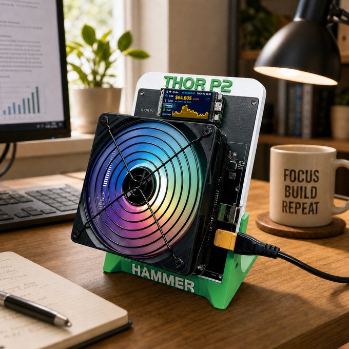 Product photo of a 'THOR P2 HAMMER' cryptocurrency mining device with a colorful rainbow fan, displayed on a desk next to a 'FOCUS BUILD REPEAT' mug.