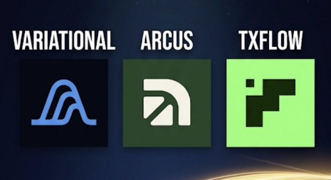The image displays three DEX platform logos side by side on a dark background: Variational (blue wave-style logo), Arcus (green square with white abstract design), and TXFlow (light green square with dark geometric logo). The image relates to the post by visually highlighting the two mentioned DEX platforms—Variational and Arcus—alongside TXFlow, likely showcasing the decentralized exchanges the user is trading on.
