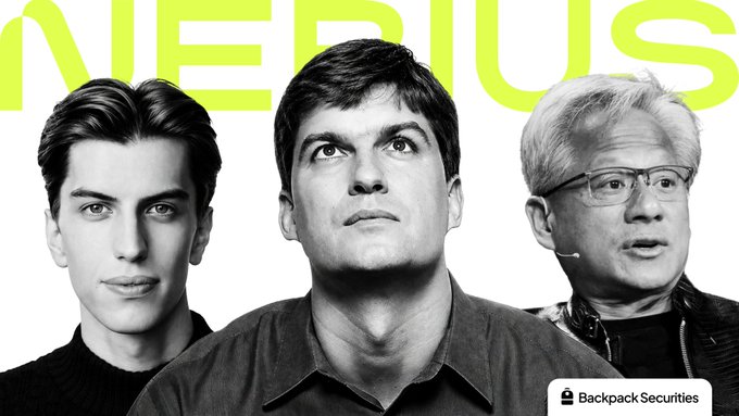 A black-and-white photo composite featuring three men—a younger man on the left, Michael Burry (known from *The Big Short*) in the center, and Jensen Huang (NVIDIA CEO) on the right—with the partial yellow "NEBIUS" logo behind them and a "Backpack Securities" badge in the corner, illustrating the divergent bets on Nebius ($NBIS) between NVIDIA's $2B investment and Burry's short position.