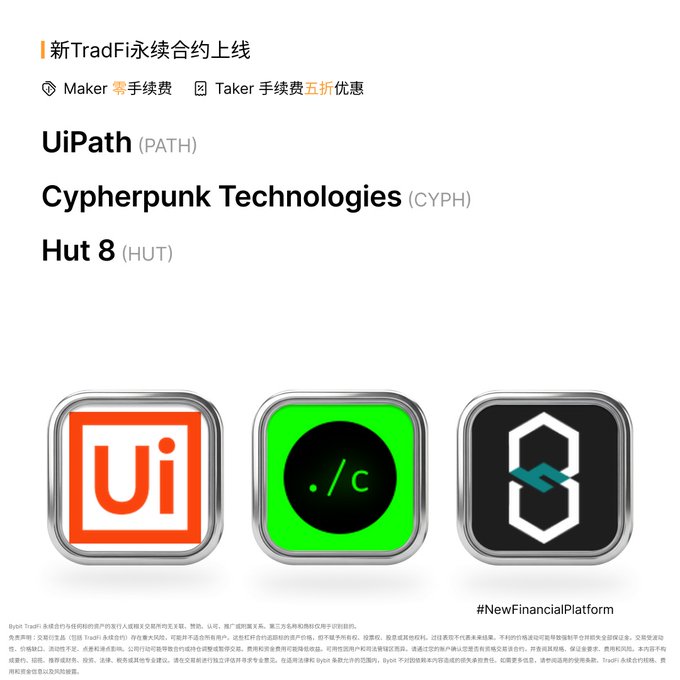 A promotional announcement in Chinese for 'TradFi' perpetual contracts being listed on a new platform, featuring the logos for UiPath (PATH), Cypherpunk Technologies (CYPH), and Hut 8 (HUT).