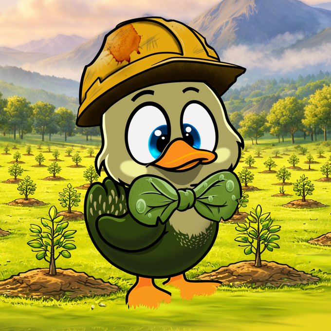 A cartoon illustration of a baby duckling wearing a green outfit with a bow tie and a yellow hard hat, standing in a field with young trees.
