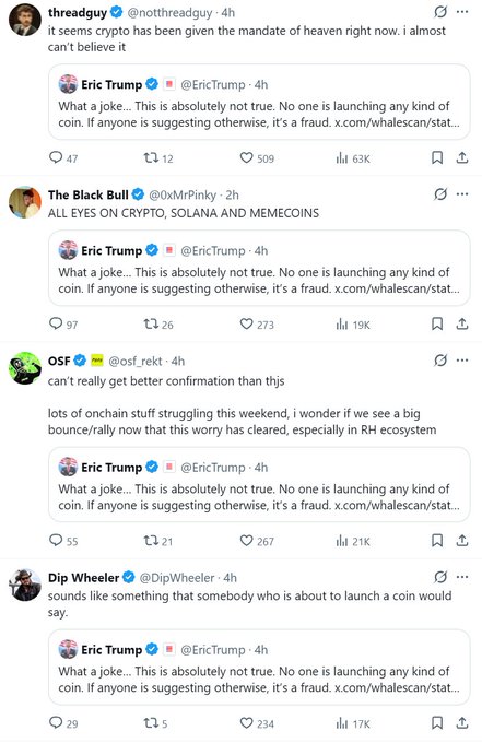 A screenshot of Twitter/X posts featuring Eric Trump (@EricTrump) stating 'What a joke... This is absolutely not true. No one is launching any kind of coin. If anyone is suggesting otherwise, it's a fraud,' followed by quote tweets from users including @northreadguy, @0xMrPinky, @osf_rekt, and @DipWheeler discussing crypto and memecoins.