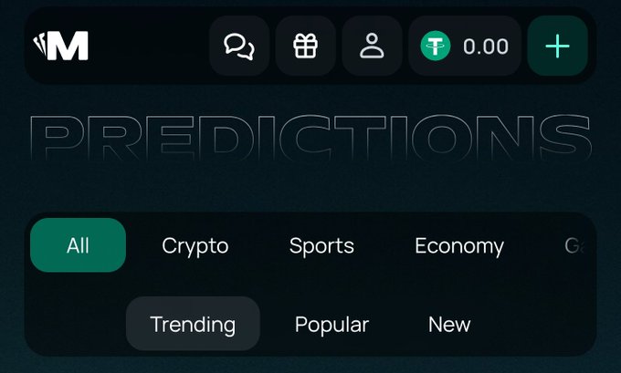 A screenshot of a 'PREDICTIONS' interface from a platform (possibly MEXC), displaying navigation tabs for All, Crypto, Sports, Economy, Gaming, Trending, Popular, and New categories.