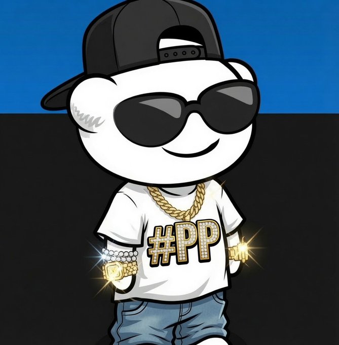 Cartoon mascot resembling a panda or polar bear wearing a backwards black cap, dark sunglasses, gold chains and bracelets, with a white t-shirt displaying '#PP' in diamond-studded letters.