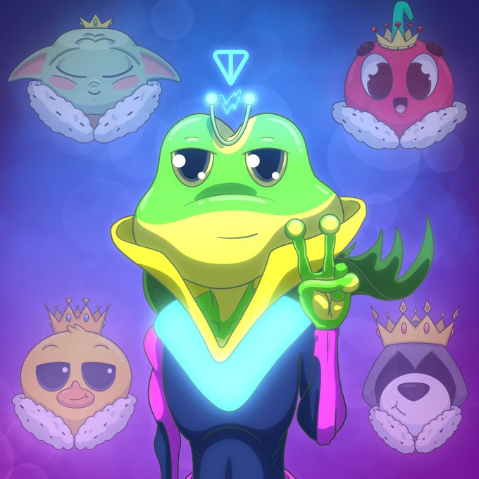 A colorful illustration of a green frog-like character with a crown and glowing elements surrounded by four crowned animal heads (frog, bird, pig, and dog) on a purple background.