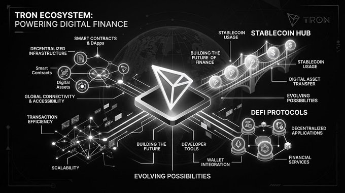 A TRON ecosystem infographic titled 'Powering Digital Finance' illustrates the network's components including smart contracts, stablecoin hub, DeFi protocols, and developer tools.