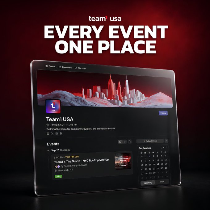 A promotional graphic for 'team1 usa' with the tagline 'EVERY EVENT ONE PLACE', showing an event calendar interface with a September calendar.