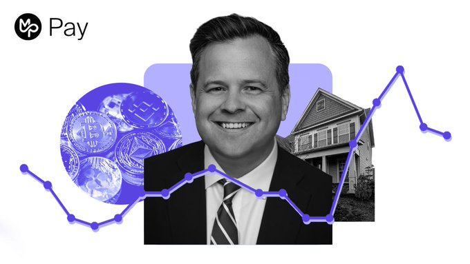 A black-and-white photo of a smiling man in a suit is overlaid on a purple-tinted graphic featuring Bitcoin coins on the left, a suburban house on the right, and a rising line chart spanning across the bottom, with the "M^3 Pay" logo in the top left corner, visually representing the post's theme of integrating cryptocurrency payments into homeownership.