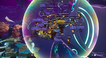 Crowded virtual scene with numerous avatars displaying name tags, enclosed within a large glowing translucent bubble or portal effect with an 'Activate Windows' watermark in the corner.