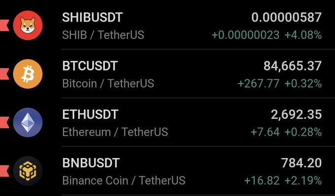 A cryptocurrency price display showing SHIBUSDT at 0.00000587 (+4.08%), BTCUSDT at 84,665.37 (+0.32%), ETHUSDT at 2,692.35 (+0.28%), and BNBUSDT at 784.20 (+2.19%).
