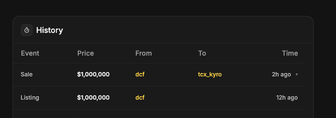 Dark-themed transaction History table showing a Sale of $1,000,000 from 'dcf' to 'tcx_kyro' 2h ago and a Listing of $1,000,000 from 'dcf' 12h ago.