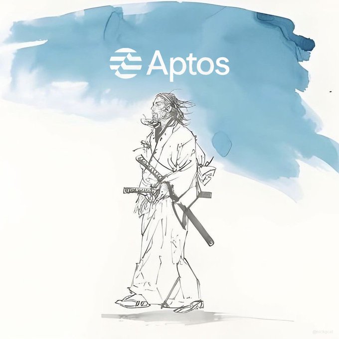 A minimalist ink sketch of a samurai with two swords stands against a soft blue watercolor backdrop, paired with the "Aptos" logo at the top, visually reinforcing the post's message about momentum building and the steady, strategic progress happening behind the scenes at Aptos Labs.