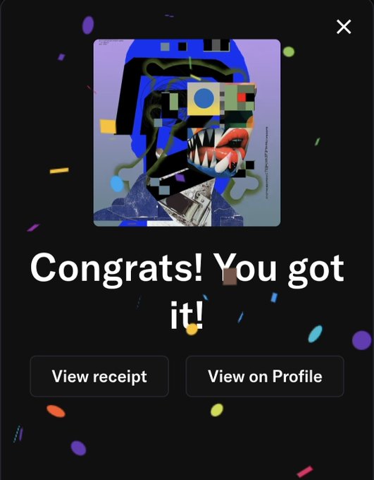 A digital interface displays a congratulatory message 'Congrats! You got it!' over a colorful abstract digital artwork, with buttons for 'View receipt' and 'View on Profile' amidst confetti graphics.