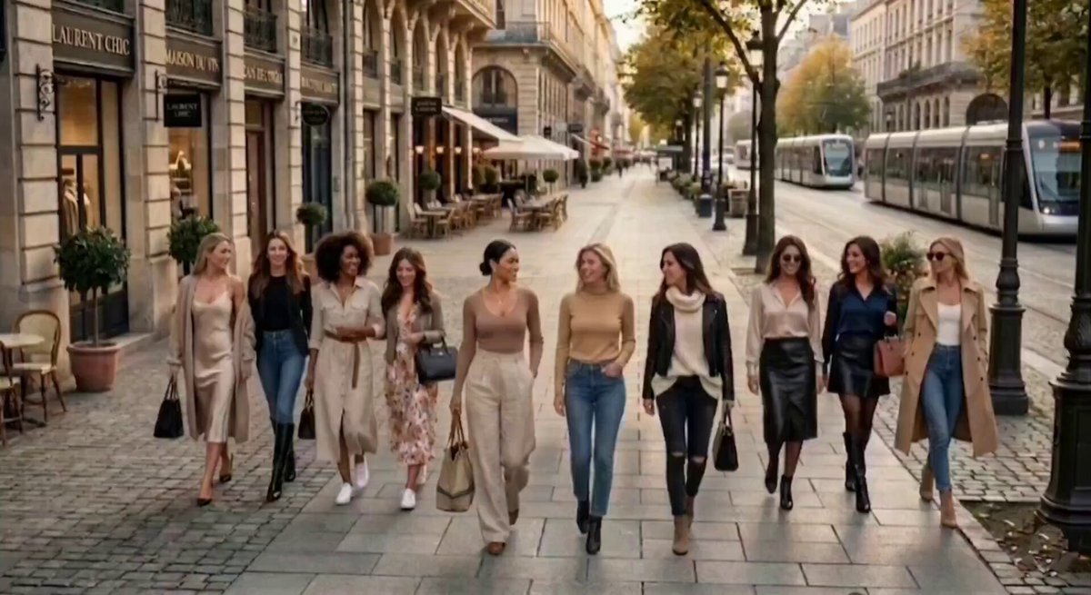 The image features a group of women walking down a street, each carrying handbags as they stroll along. The scene takes place during the day under a clear sky, with buildings lining both sides of the street. There are at least nine visible women in the picture, all dressed similarly and moving together towards their destination.