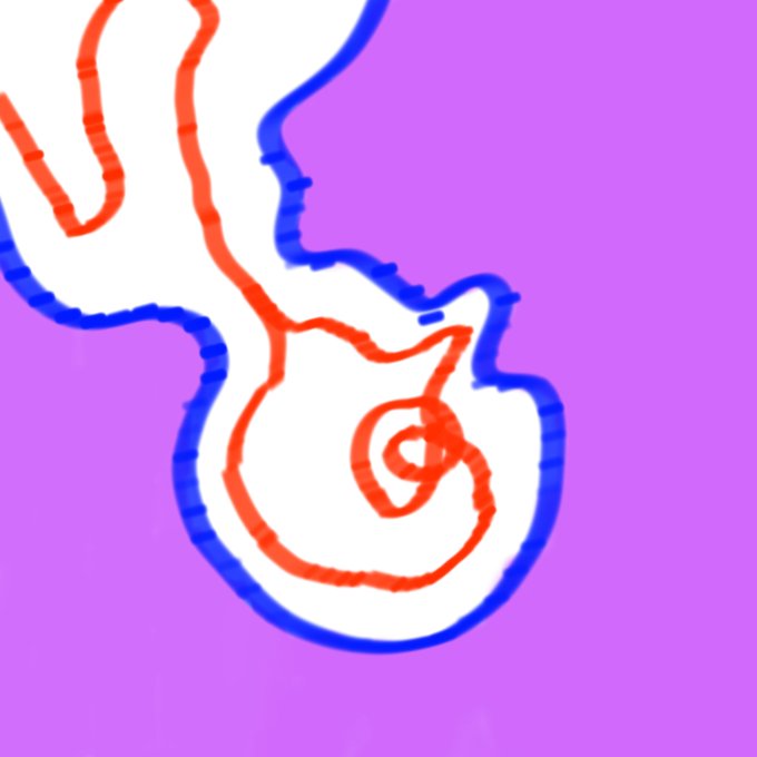 A stylized abstract drawing shows red and blue outlines forming a circular shape with a small heart in the center against a light purple background.