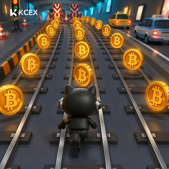 A 3D illustration shows a black cat character walking along train tracks lined with golden Bitcoin coins, with the KCEX logo in the upper left corner.