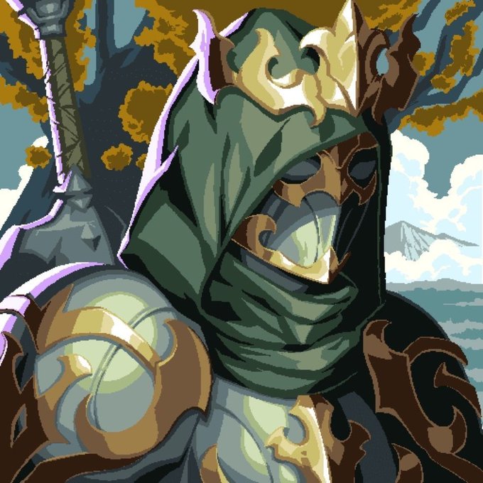 Pixel art illustration of a hooded, armored fantasy character wearing a green hood and an ornate mask with gold trim.