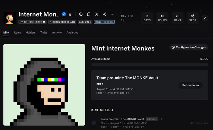 A webpage screenshot for an NFT mint by 'Internet Mon...' (Internet Monkes), showing a countdown timer and details for a 'Team pre-mint: The MONKE Vault' starting August 28.