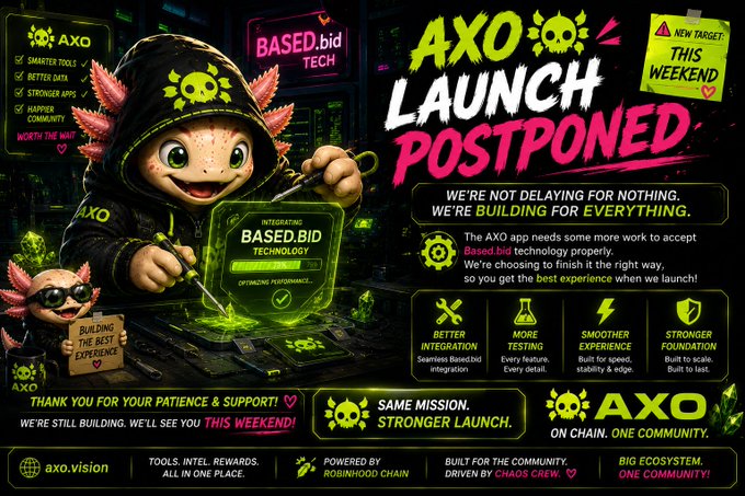 The image is a promotional graphic announcing the postponement of the AXO launch to "This Weekend," featuring a hooded axolotl mascot working on integrating "Based.bid" technology, with key benefits highlighted: "Better Integration," "More Testing," "Smoother Experience," and "Stronger Foundation." It aligns with the post's message of prioritizing proper integration over rushing, emphasizing "Same Mission. Stronger Launch" and "One Chain. One Community" powered by Robinhood Chain, with the website "axo.vision" displayed at the bottom.