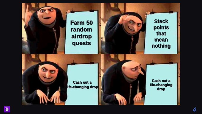 A four-panel meme featuring Gru from Despicable Me pointing at presentation boards with the text: 'Farm 50 random airdrop quests', 'Stack points that mean nothing', and 'Cash out a life-changing drop' (repeated).