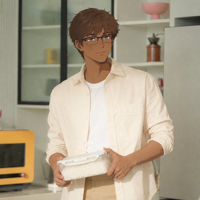 An anime-style illustration of a bespectacled young man with brown skin and tousled hair, dressed in a cream-colored overshirt and white tee, stands in a modern kitchen holding a plastic container of rice. The warm, everyday domestic scene visually echoes the post's theme of making complex concepts feel approachable and tangible—just as the character brings a simple meal into view, the message suggests that demystifying advanced topics like quantum computing requires creating accessible, relatable experiences that invite curiosity rather than showcasing technical superiority alone.