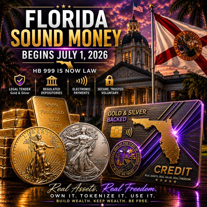 A promotional graphic announcing Florida's "HB 999" as law effective July 1, 2026, featuring gold and silver coins beside a Florida-shaped credit card, the state capitol building, and the Florida flag, with headlines "FLORIDA SOUND MONEY BEGINS JULY 1, 2026" and the tagline "Real Assets. Real Freedom. OWN IT. TOKENIZE IT. USE IT." — visually reinforcing the post's claim about gold and silver being recognized as legal tender rather than mere collectibles.