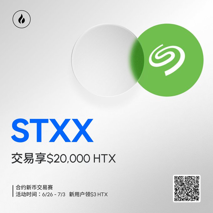 The image is a promotional graphic for STXX on HTX, featuring the text "STXX 交易享$20,000 HTX" (Trade to earn $20,000 HTX) along with details of a new coin trading competition running from 6/26 to 7/3, where new users can claim $3 HTX. The accompanying post highlights STXX as a leading global storage company positioned to benefit from increased storage demand driven by AI and cloud computing growth.