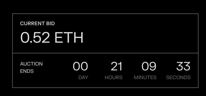 A digital auction interface showing a 'CURRENT BID' of '0.52 ETH' with a countdown timer displaying 00 days, 21 hours, 09 minutes, and 33 seconds until the auction ends.