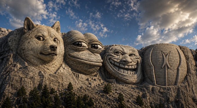 The image features a large stone statue of a dog, with two other statues of people - one smiling and one laughing. The statues are located at the top of a mountain, creating an impressive landmark. The caption reads "For the next BULLRUN you need just 2 Memecoin to make millions $Troll that' s it There will never be another real Troll memecoin. There will never be another real Buttcoin memecoin. Billions". This post seems to be promoting a humorous and entertaining idea, as suggested by the statues of people laughing.