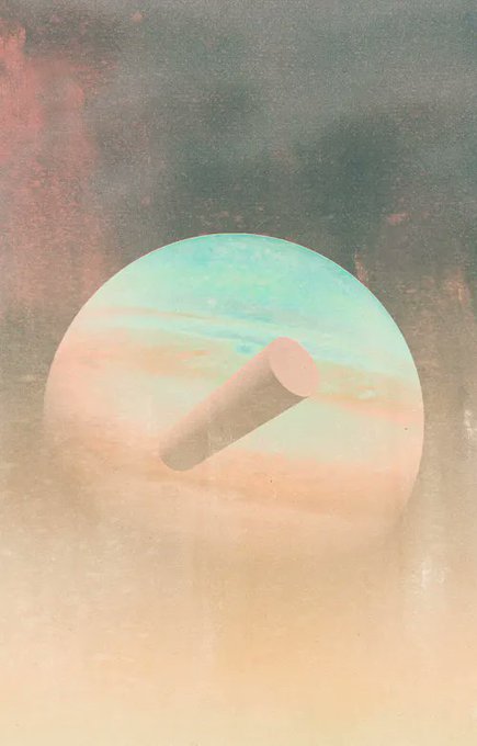 A vintage-style artwork or photograph featuring a pink cylinder floating in front of a pastel-colored circular planet or moon against a hazy background.